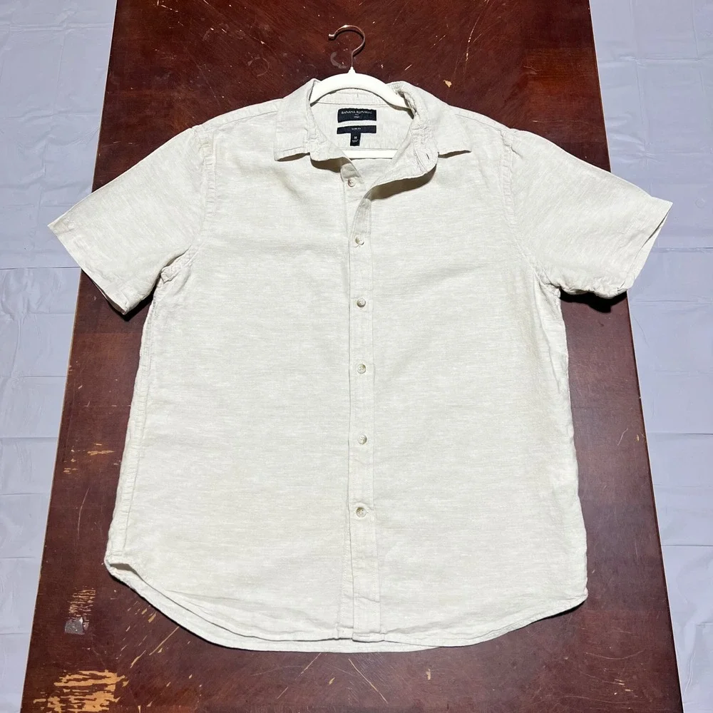 Banana Republic Mens Slim Fit Linen Cotton Short Sleeve Shirt Beige 585585-04 M